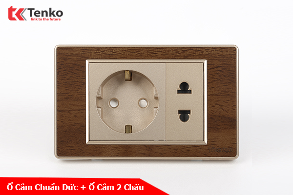 Ổ Điện Đôi 2 Chấu Chuẩn Đức Âm tường Mặt Vân Gỗ Bo Viền Vàng TENKO TK-C6-059