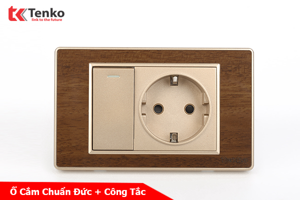Ổ Cắm Chìm Chuẩn Đức Có Công Tắc Mặt Vân Gỗ Bo Viền Vàng Âm Tường Tenko TK-C6-060