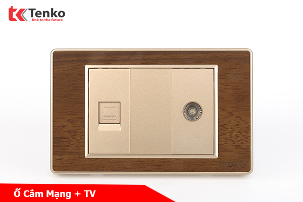 Ổ Cắm Cáp Đồng Trục Và Mạng LAN Âm Tường Cao Cấp Mặt Vân Gỗ Bo Viền Vàng TENKO TK-C6-075