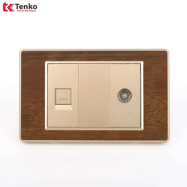 Ổ Cắm Cáp Đồng Trục Và Mạng LAN Âm Tường Cao Cấp Mặt Vân Gỗ Bo Viền Vàng TENKO TK-C6-075
