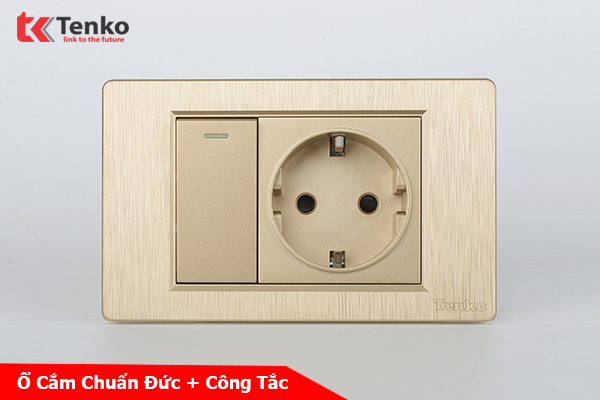 Ổ Cắm Chìm Chuẩn Đức Có Công Tắc Âm Tường Tenko TK-C5-060 Màu Vàng Xước