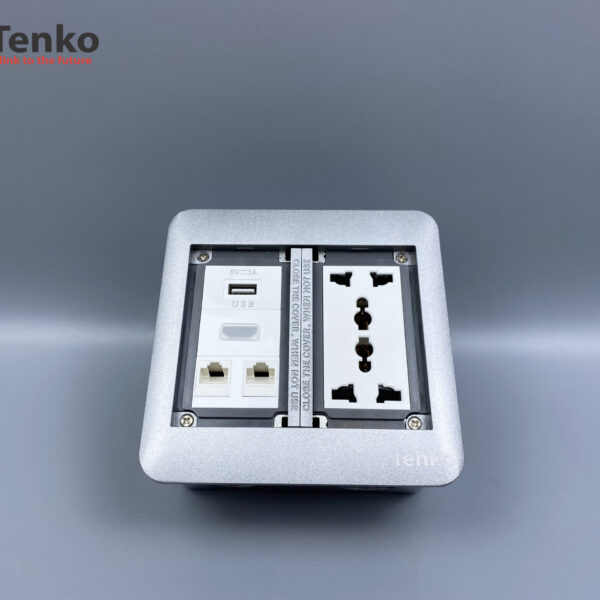 Ổ Cắm Điện Đôi 3 Chấu Âm Sàn Tích Hợp 2 Cổng LAN, USB và HDMI Chính Hãng Tenko TK-DS-111S02 Bạc