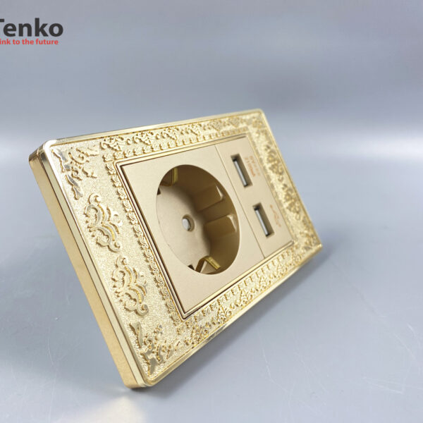 Ổ Cắm Chìm Chuẩn Đức Có USB Mặt Hoa Văn Đồng Nguyên Khối Tenko TK-C8-065