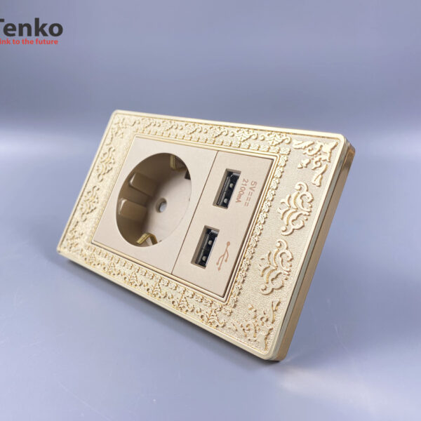Ổ Cắm Chìm Chuẩn Đức Có USB Mặt Hoa Văn Đồng Nguyên Khối Tenko TK-C8-065
