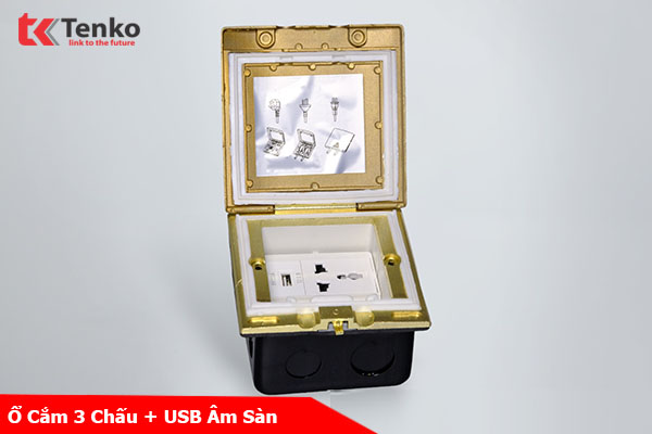 Hộp Cắm Điện Âm Sàn Chống Nước 3 Chấu Kèm Cổng Sạc USB Tenko TK-J06-24 Màu Vàng
