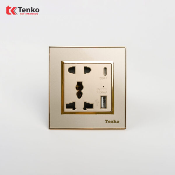 Ổ Cắm Đôi Kèm Cổng USB Sạc Mặt Nhựa Viền Vàng TK-F66-44