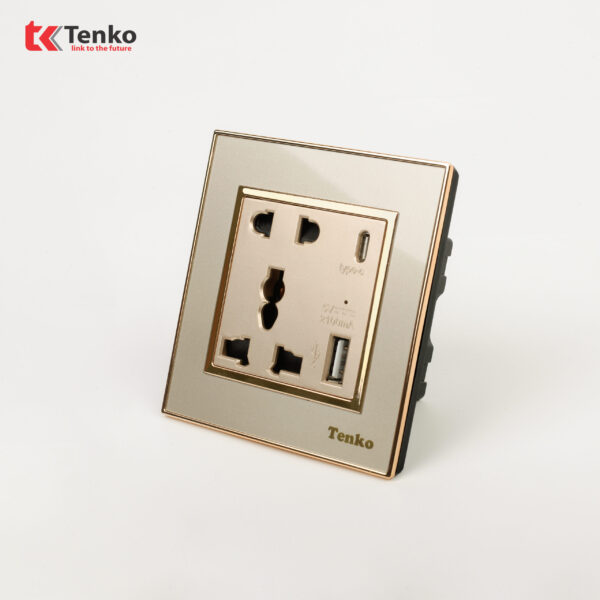 Ổ Cắm Đôi Kèm Cổng USB Sạc Mặt Nhựa Viền Vàng TK-F66-44