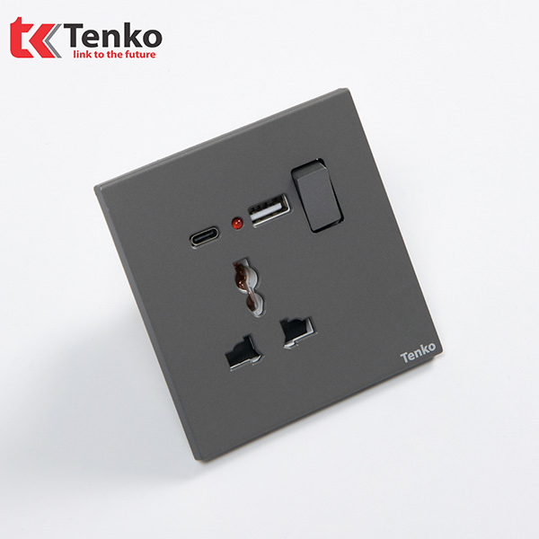 Ổ Cắm 3 Chấu Tích Hợp Cổng Sạc USB và Type C Kèm Công Tắc Nguồn Điện Tràn Viền Nhựa Cao Cấp Màu Xám Chính Hãng Tenko TK-T8-44
