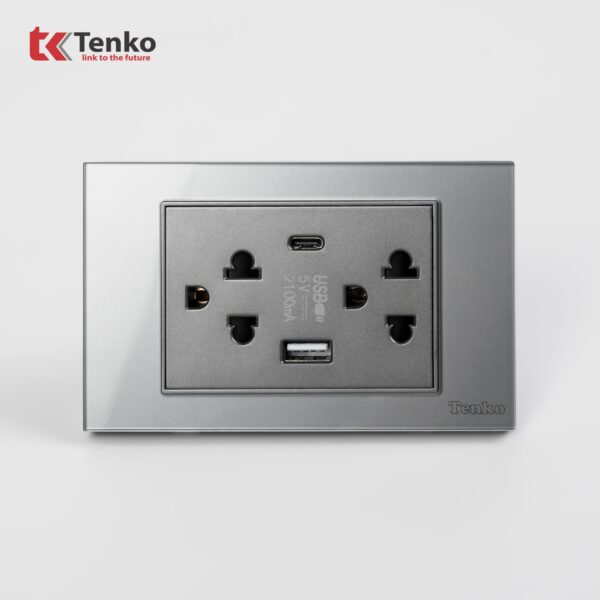 Ổ Cắm Điện Kèm USB Và Type C Âm Tường Mặt Kính Cường Lực TENKO TK-C18-045 Xám