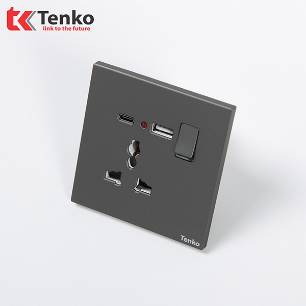 Ổ Cắm 3 Chấu Tích Hợp Cổng Sạc USB và Type C Kèm Công Tắc Nguồn Điện Tràn Viền Nhựa Cao Cấp Màu Xám Chính Hãng Tenko TK-T8-44