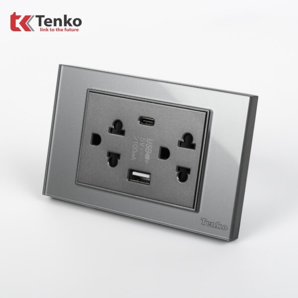 Ổ Cắm Điện Kèm USB Và Type C Âm Tường Mặt Kính Cường Lực TENKO TK-C18-045 Xám