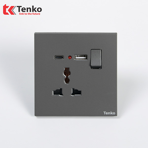 Ổ Cắm 3 Chấu Tích Hợp Cổng Sạc USB và Type C Kèm Công Tắc Nguồn Điện Tràn Viền Nhựa Cao Cấp Màu Xám Chính Hãng Tenko TK-T8-44