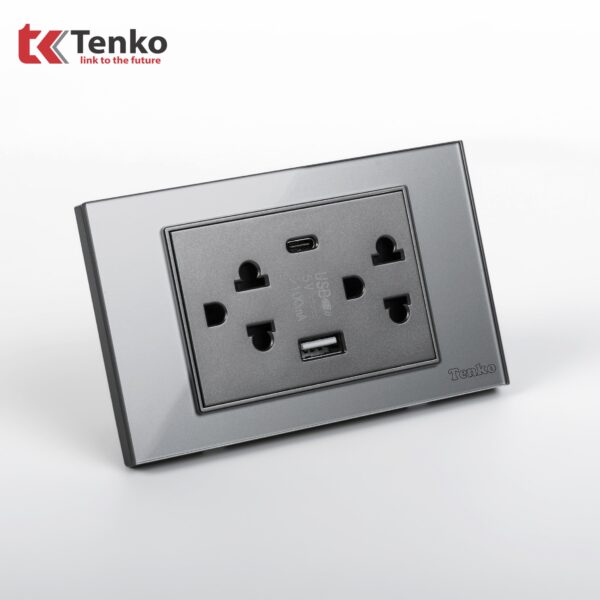 Ổ Cắm Điện Kèm USB Và Type C Âm Tường Mặt Kính Cường Lực TENKO TK-C18-045 Xám
