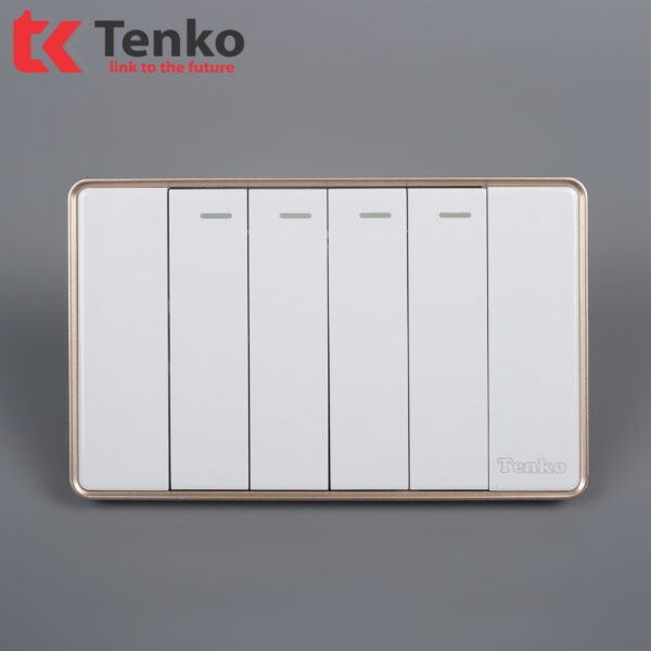 Công Tắc 4 Nút Tràn Viền Nhựa Cao Cấp Chính Hãng Tenko TK-C1-04 Trắng Viền Vàng