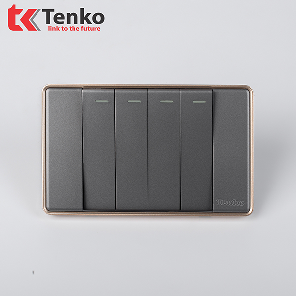 Công Tắc 4 Nút Tràn Viền Nhựa Cao Cấp Chính Hãng Tenko TK-C1-04 Xám Viền Vàng
