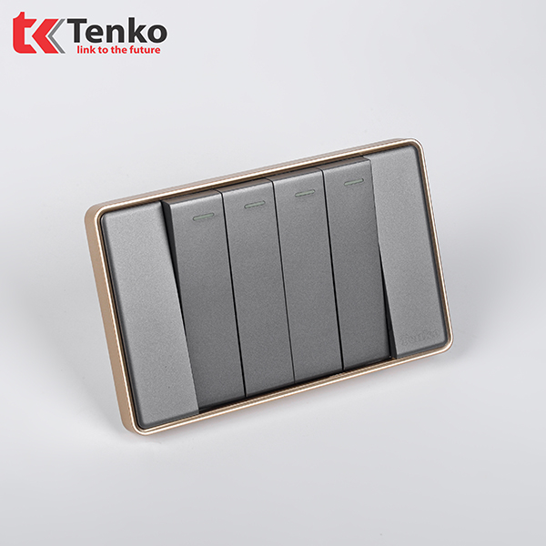 Công Tắc 4 Nút Tràn Viền Nhựa Cao Cấp Chính Hãng Tenko TK-C1-04 Xám Viền Vàng
