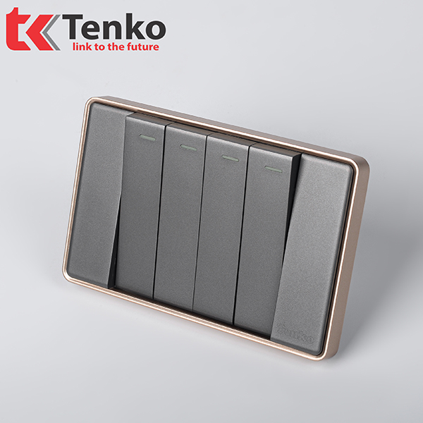 Công Tắc 4 Nút Tràn Viền Nhựa Cao Cấp Chính Hãng Tenko TK-C1-04 Xám Viền Vàng