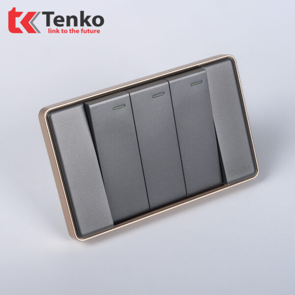 Công Tắc 3 Nút Tràn Viền Nhựa Cao Cấp Chính Hãng Tenko TK-C1-03 Xám Viền Vàng