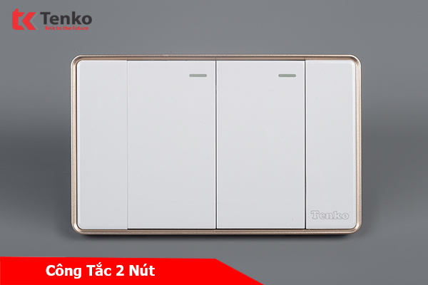 Công Tắc 2 Nút Tràn Viền Nhựa Cao Cấp Chính Hãng Tenko TK-C1-02 Trắng Viền Vàng