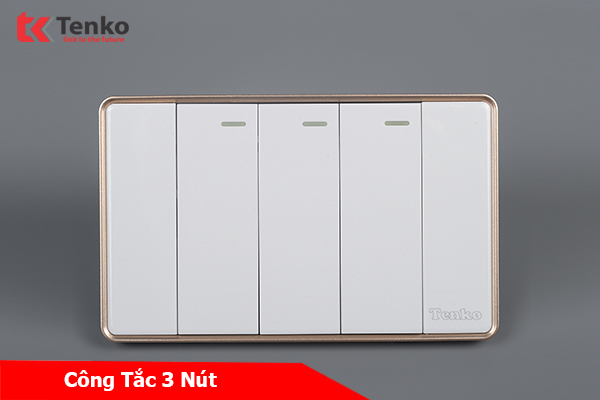 Công Tắc 3 Nút Tràn Viền Nhựa Cao Cấp Chính Hãng Tenko TK-C1-03 Trắng Viền Vàng