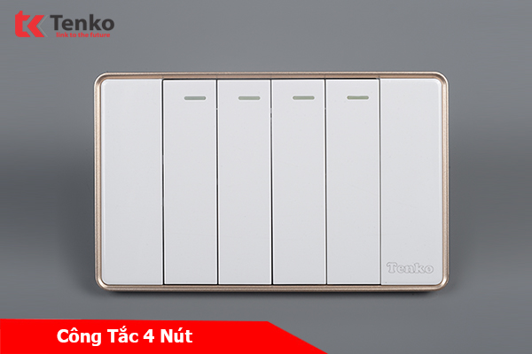 Công Tắc 4 Nút Tràn Viền Nhựa Cao Cấp Chính Hãng Tenko TK-C1-04 Trắng Viền Vàng