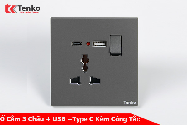 Ổ Cắm 3 Chấu Tích Hợp Cổng Sạc USB và Type C Kèm Công Tắc Nguồn Điện Tràn Viền Nhựa Cao Cấp Màu Xám Chính Hãng Tenko TK-T8-44