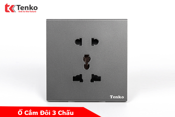 Ổ Cắm Đôi 3 Chấu Tràn Viền Nhựa Cao Cấp Màu Xám Chính Hãng Tenko TK-T8-18