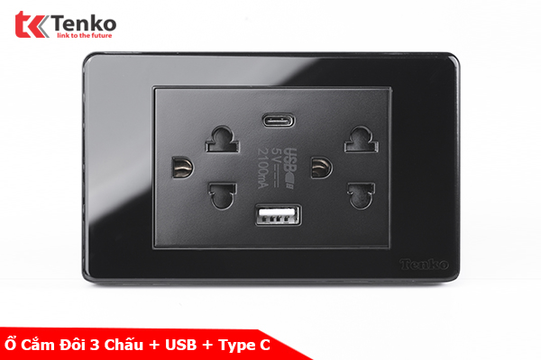 Ổ Cắm Đôi 3 Chấu + USB + Type C Âm tường Mặt Nhựa Epoxy Đen TENKO TK-C9-045