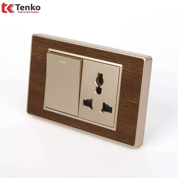 Ổ Cắm 3 Chấu + Công Tắc Đèn Cao Cấp Mặt Vân Gỗ Bo Viền Vàng TENKO TK-C6-039