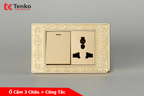 Ổ Cắm Điện 3 Chấu + Công Tắc Đèn Mặt Hoa Văn Đồng Nguyên Khối Tenko TK-C8-039