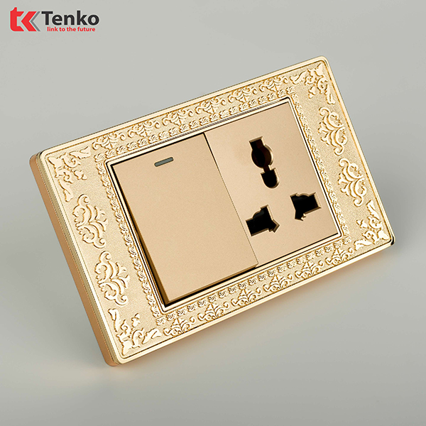 Ổ Cắm Điện 3 Chấu + Công Tắc Đèn Mặt Hoa Văn Đồng Nguyên Khối Tenko TK-C8-039