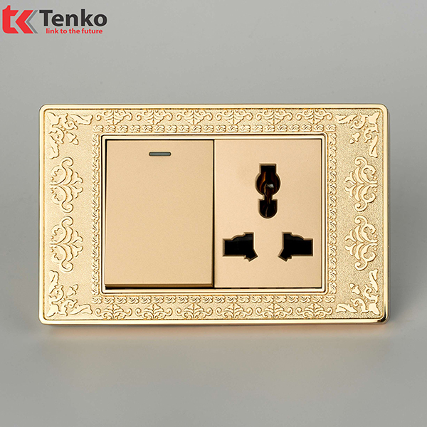 Ổ Cắm Điện 3 Chấu + Công Tắc Đèn Mặt Hoa Văn Đồng Nguyên Khối Tenko TK-C8-039