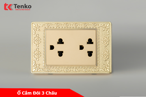 Ổ Cắm Điện Đôi 3 Chấu Mặt Hoa Văn Đồng Nguyên Khối Tenko TK-C8-044