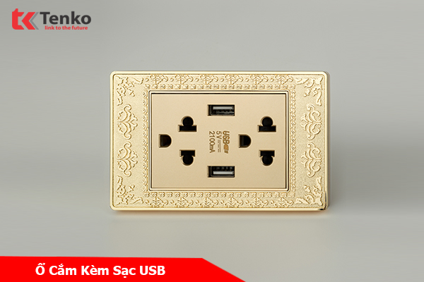 Ổ Cắm Điện Đôi 3 Chấu Có Sạc USB Mặt Hoa Văn Đồng Nguyên Khối Tenko TK-C8-045USB