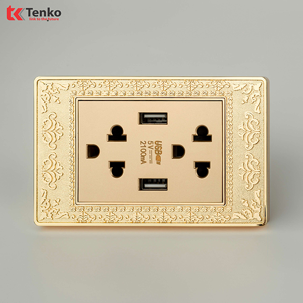 Ổ Cắm Điện Đôi 3 Chấu Có Sạc USB Mặt Hoa Văn Đồng Nguyên Khối Tenko TK-C8-045USB