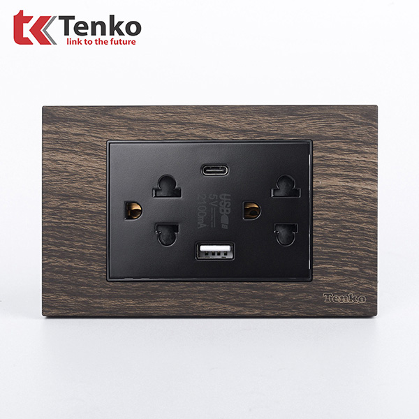 Ổ Cắm Đôi 3 Chấu + USB + Type C Âm tường Mặt Vân Gỗ TENKO TK-C6A-045