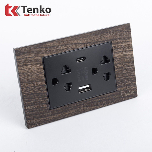 Ổ Cắm Đôi 3 Chấu + USB + Type C Âm tường Mặt Vân Gỗ TENKO TK-C6A-045