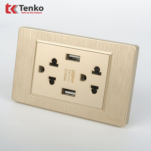 Phân Phối Ổ Điện Đôi 3 Chấu Tích Hợp 2 Cổng USB Sạc Âm Tường Màu Vàng Xước TENKO TK-C5-045