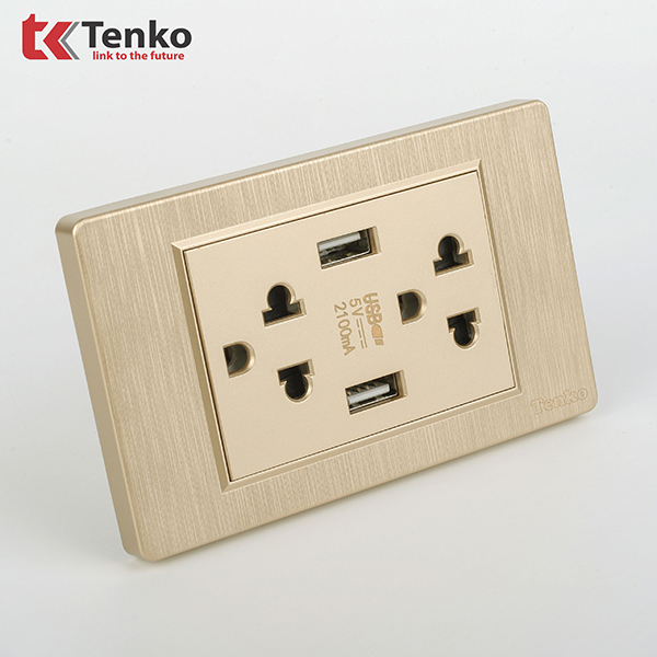 Phân Phối Ổ Điện Đôi 3 Chấu Tích Hợp 2 Cổng USB Sạc Âm Tường Màu Vàng Xước TENKO TK-C5-045