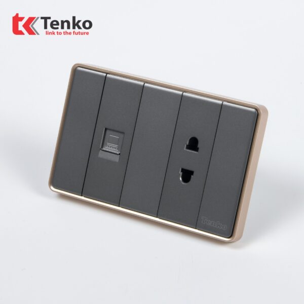 Ổ Cắm 2 Chấu Và Mạng LAN Âm tường Cao Cấp Mặt Tràn Viền TENKO TK-C1-076 Xám Viền Vàng