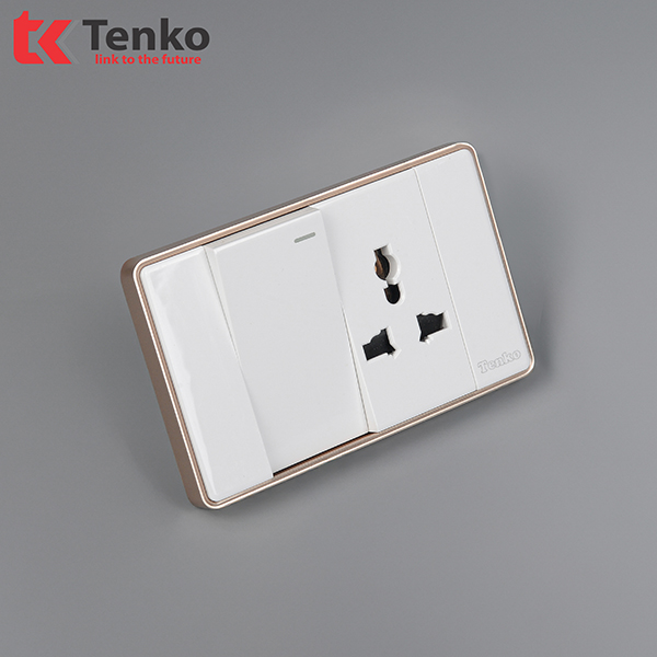 Công Tắc Ổ Cắm Điện Âm tường Tràn Viền TENKO TK-C1-039 Trắng Viền Vàng