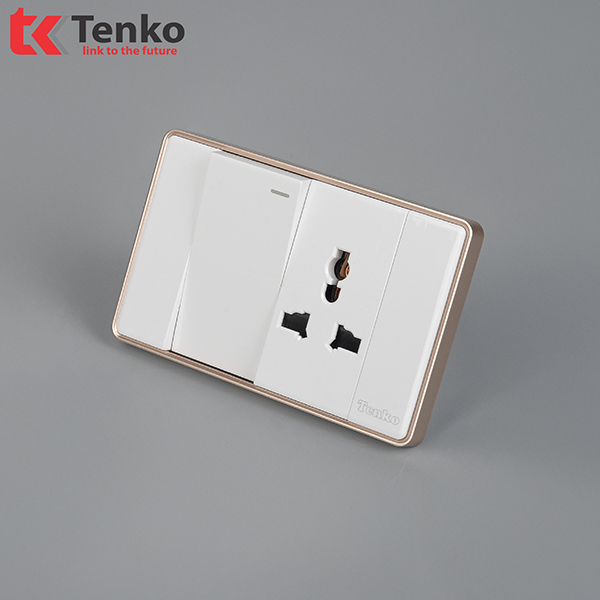 Công Tắc Ổ Cắm Điện Âm tường Tràn Viền TENKO TK-C1-039 Trắng Viền Vàng