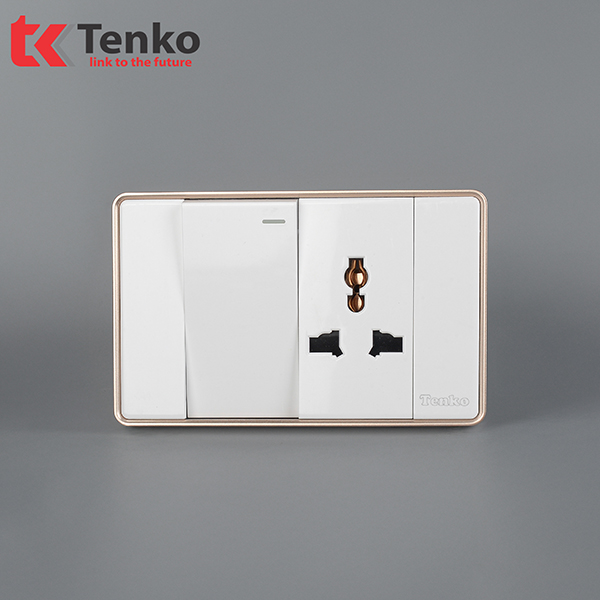 Công Tắc Ổ Cắm Điện Âm tường Tràn Viền TENKO TK-C1-039 Trắng Viền Vàng
