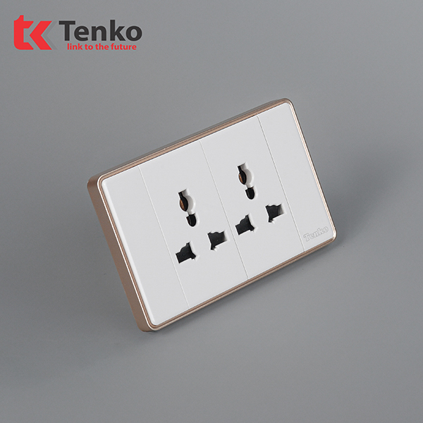 Ổ Điện Đôi 3 Chấu Âm Tường Mặt Tràn Viền Tenko TK-C1-050 Trắng Viền Vàng