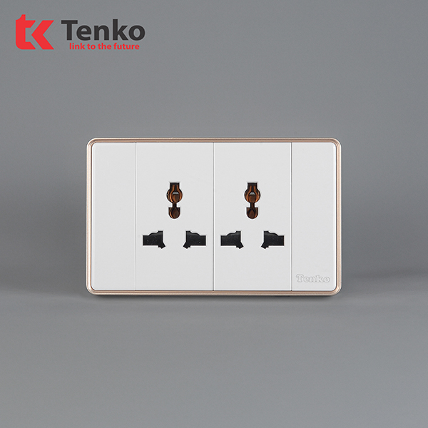 Ổ Điện Đôi 3 Chấu Âm Tường Mặt Tràn Viền Tenko TK-C1-050 Trắng Viền Vàng