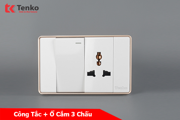 Công Tắc Ổ Cắm Điện Âm tường Tràn Viền TENKO TK-C1-039 Trắng Viền Vàng