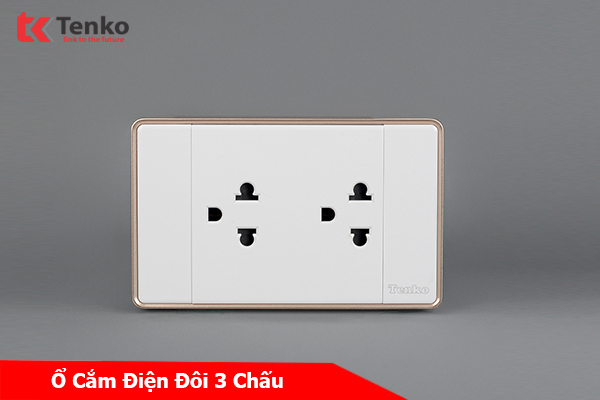Ổ Điện Đôi 3 Chấu Đa Năng Âm Tường Mặt Tràn Viền TENKO TK-C1-044 Trắng Viền Vàng