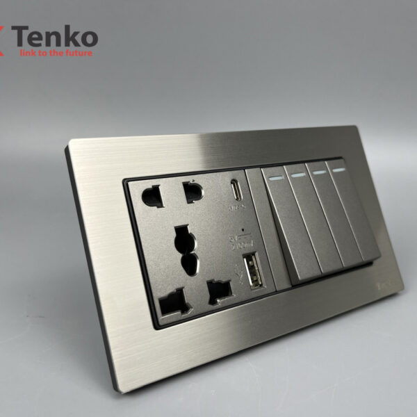 Công Tắc 4 Nút – Ổ Cắm Đa Năng 2 Modules Mặt Kim Loại Tenko TK-KL2-45