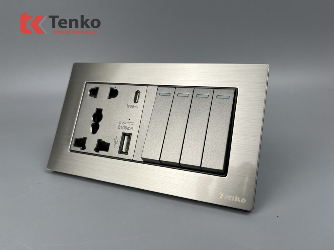 Công Tắc 4 Nút – Ổ Cắm Đa Năng 2 Modules Mặt Kim Loại Tenko TK-KL2-45