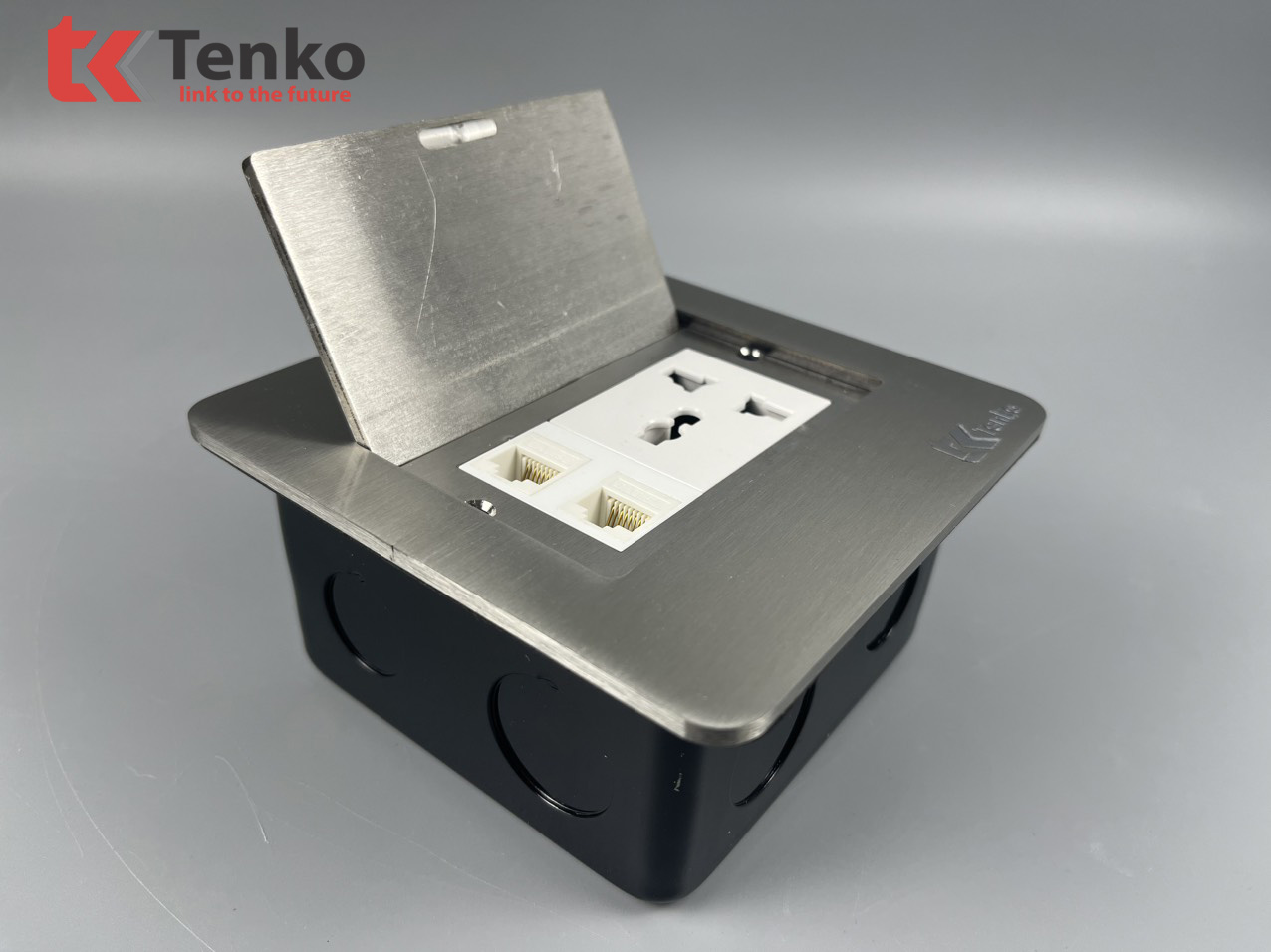 Ổ Cắm Điện 3 Chấu Kèm 2 Mạng LAN Âm Sàn Chính Hãng Tenko TK-DS11-22 Màu Bạc